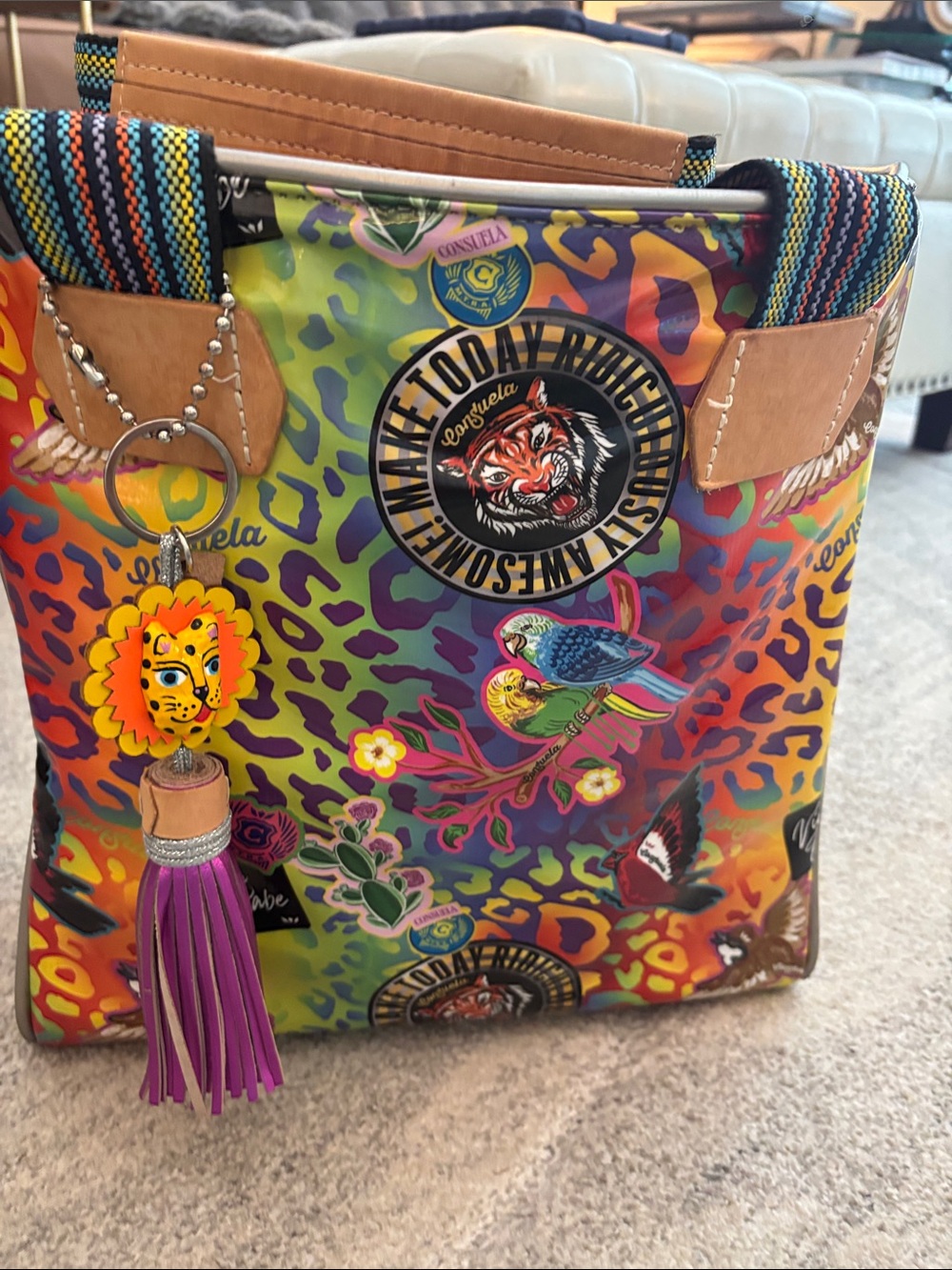 Consuela Colorful Leopard Print Tote with Purple Tassel Charm